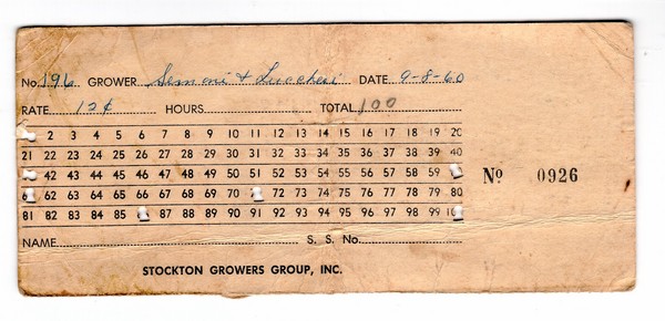 Carton conteo cajas pizca tomate, Stockton California, 1960.jpg
